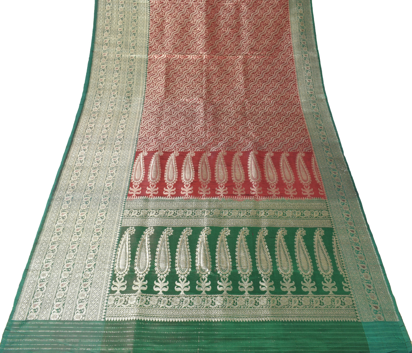 Sushila Vintage Red Green Saree Pure Satin Silk Banarasi Brocade Skirt Border HEAVY Sari