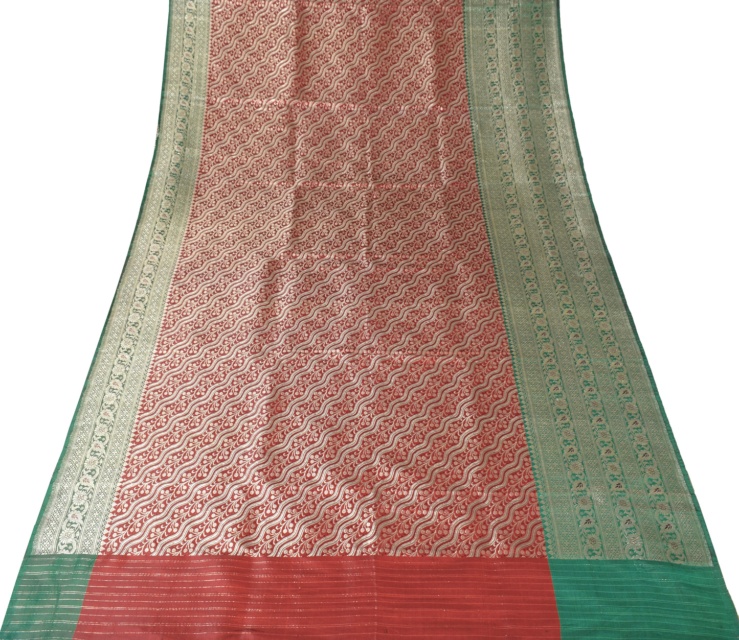 Sushila Vintage Red Green Saree Pure Satin Silk Banarasi Brocade Skirt Border HEAVY Sari