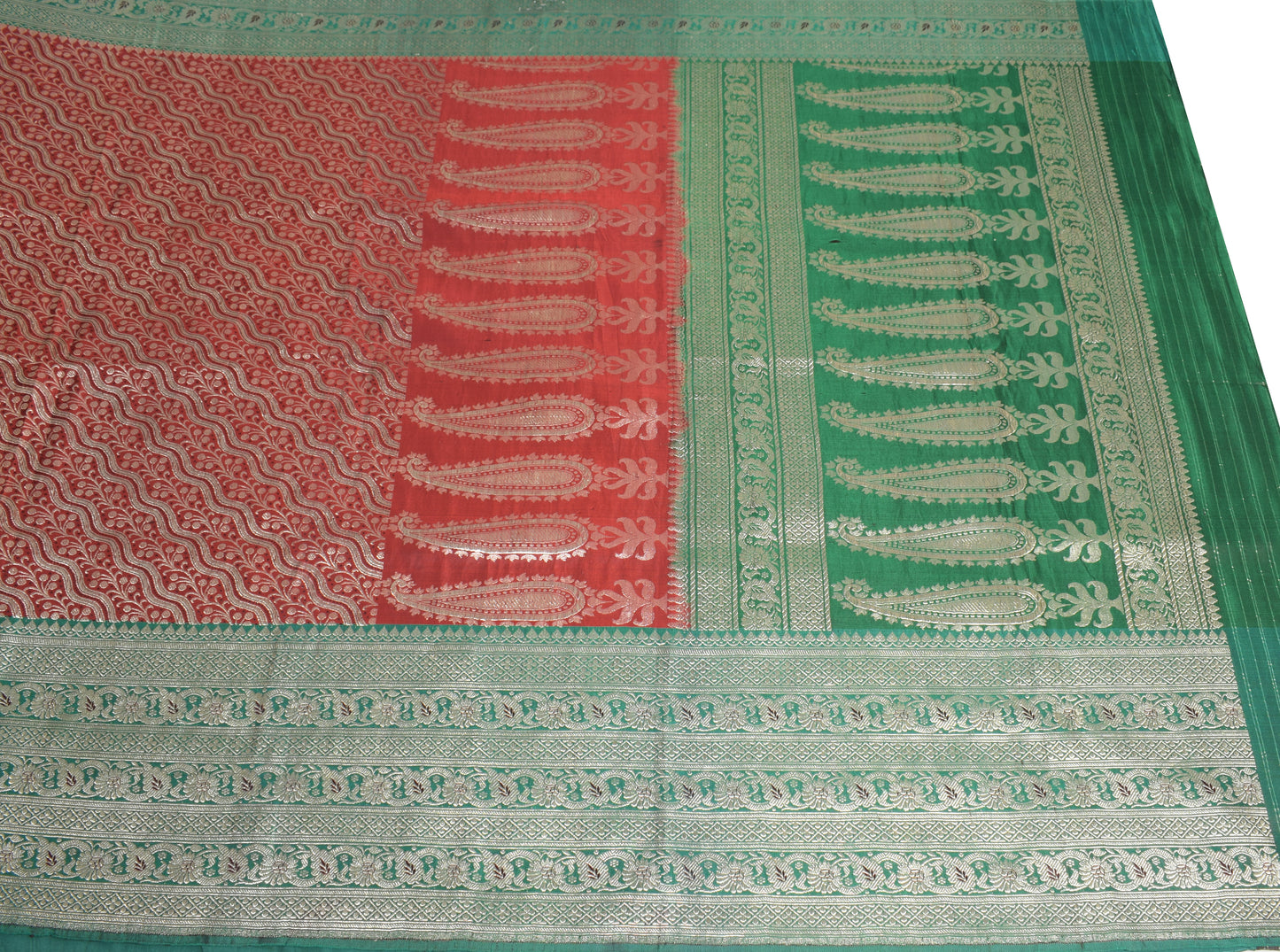 Sushila Vintage Red Green Saree Pure Satin Silk Banarasi Brocade Skirt Border HEAVY Sari