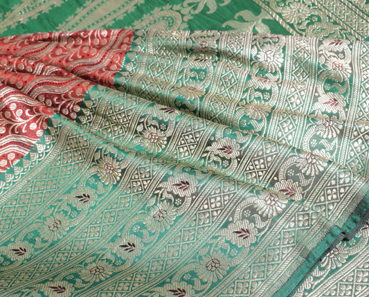 Sushila Vintage Red Green Saree Pure Satin Silk Banarasi Brocade Skirt Border HEAVY Sari