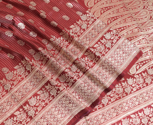 Sushila Vintage Heavy Red Saree Pure Satin Silk Banarasi Brocade Woven Sari Fabric
