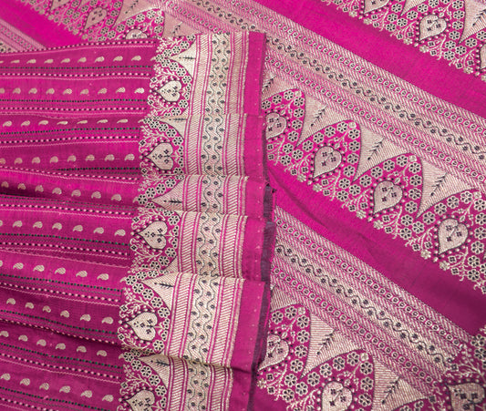 Sushila Vintage Heavy Magenta Saree Pure Satin Silk Banarasi Brocade Woven Sari Fabric