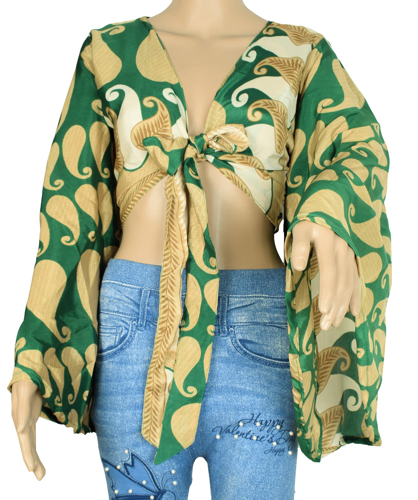Sushila Vintage Bell Sleeve Top Green Recycled Silk Saree New 70s Retro Bohemian