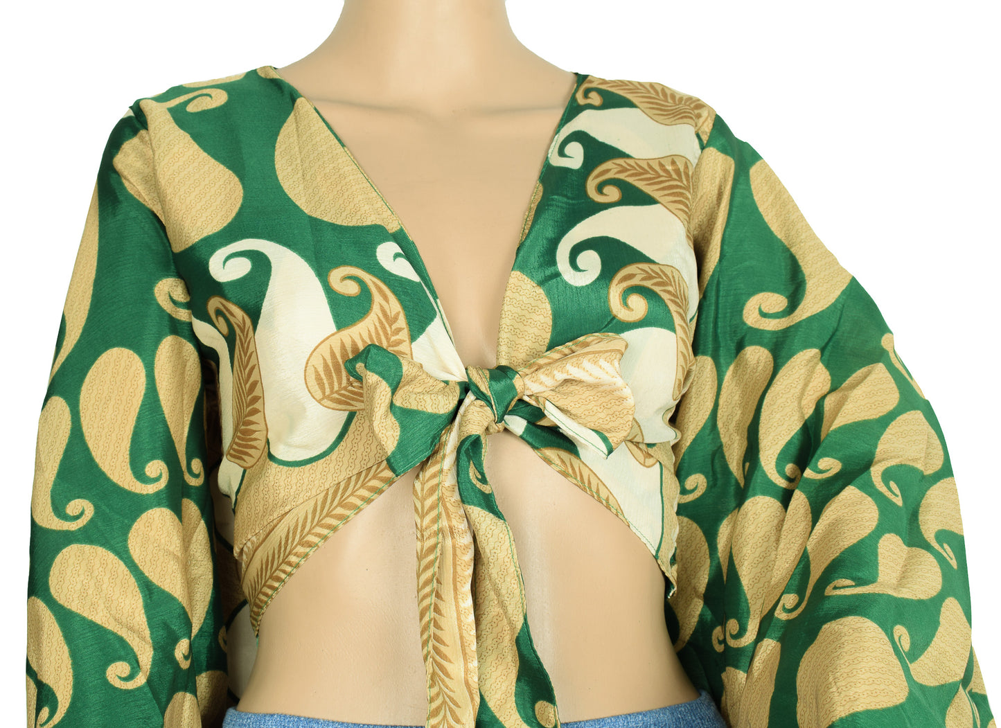 Sushila Vintage Bell Sleeve Top Green Recycled Silk Saree New 70s Retro Bohemian