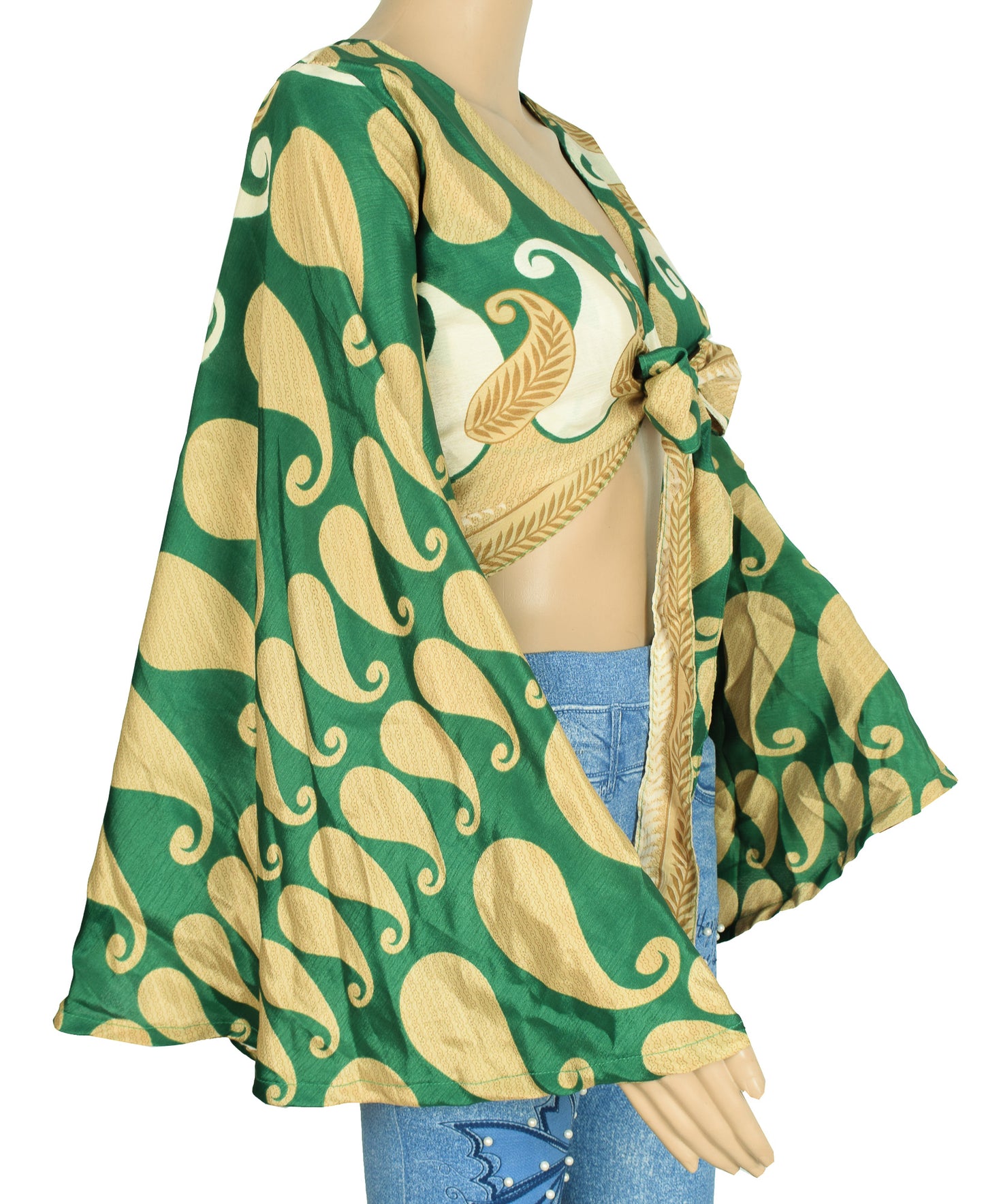 Sushila Vintage Bell Sleeve Top Green Recycled Silk Saree New 70s Retro Bohemian