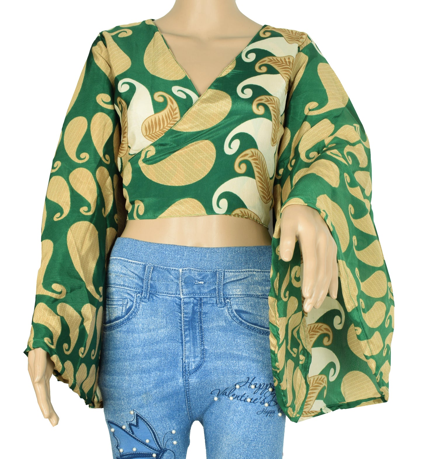 Sushila Vintage Bell Sleeve Top Green Recycled Silk Saree New 70s Retro Bohemian