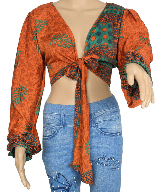 Sushila Vintage Bohemian Balloon Sleeve Top Rust Recycled Silk Saree 70s Retro