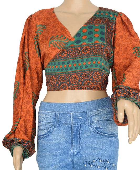 Sushila Vintage Bohemian Balloon Sleeve Top Rust Recycled Silk Saree 70s Retro