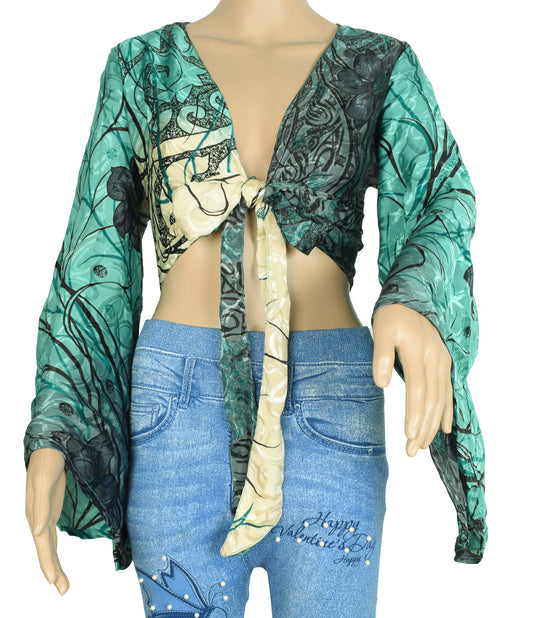 Sushila Vintage Boho 70s Bell Sleeve Top Green Gray Recycled Silk Saree New