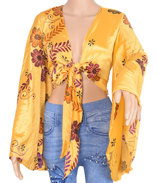 Sushila Vintage 70s Retro Bohemian Bell Sleeve Top Yellow Recycled Silk Saree New