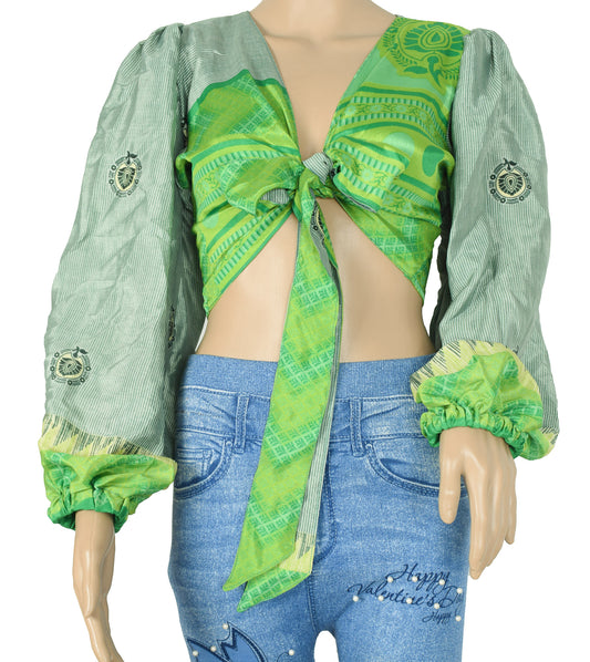 Sushila Vintage Bell Sleeve Top Green 70s Retro Bohemian Balloon Sleeve Top Green Recycled Silk Saree New