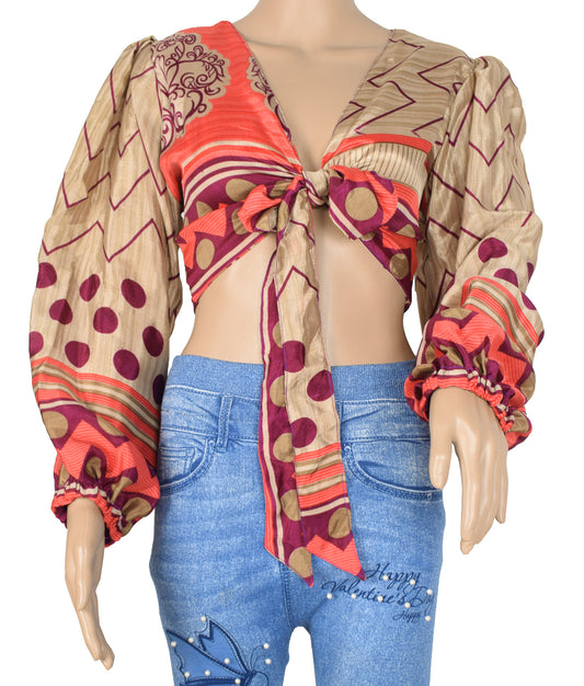 Sushila Vintage 70s Retro Boho Balloon Sleeve Top Brown Recycled Silk Saree New