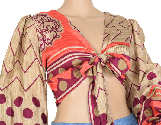 Sushila Vintage 70s Retro Boho Balloon Sleeve Top Brown Recycled Silk Saree New