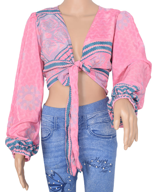 Sushila Vintage 70s Retro Bohemian Balloon Sleeve Top Pink Recycled Silk Saree New