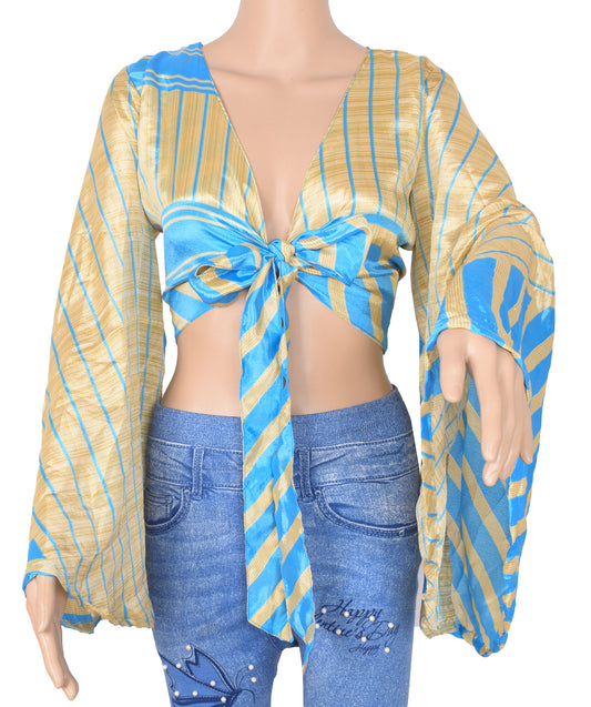 Sushila Vintage Aqua Blue Bohemian Bell Sleeve Top Recycled Silk Saree New  70s Retro