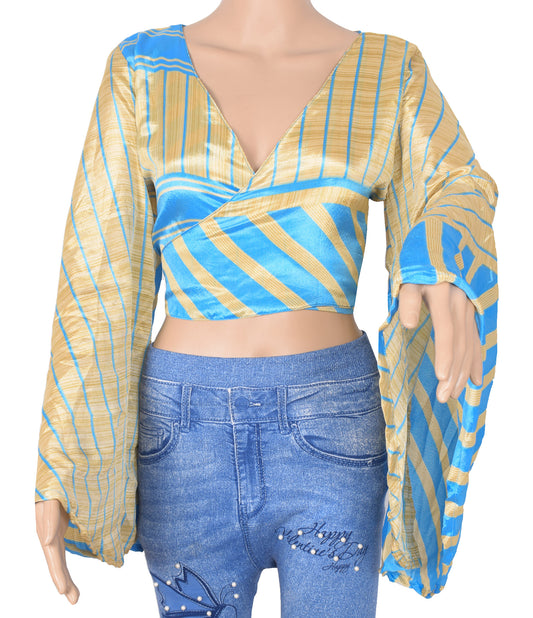 Sushila Vintage Aqua Blue Bohemian Bell Sleeve Top Recycled Silk Saree New  70s Retro