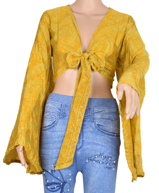 Sushila Vintage  Bell Sleeve Top Mustard 70s Retro Bohemia Recycled Silk Saree New