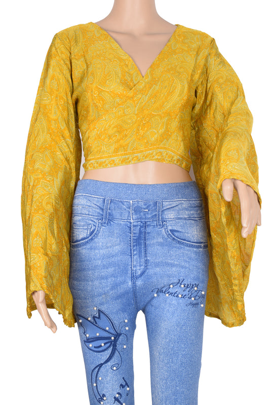 Sushila Vintage  Bell Sleeve Top Mustard 70s Retro Bohemia Recycled Silk Saree New