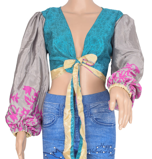 Sushila Vintage 70s Retro Bohemian Balloon Sleeve Top Teal Blue Recycled Silk Saree New