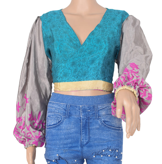 Sushila Vintage 70s Retro Bohemian Balloon Sleeve Top Teal Blue Recycled Silk Saree New