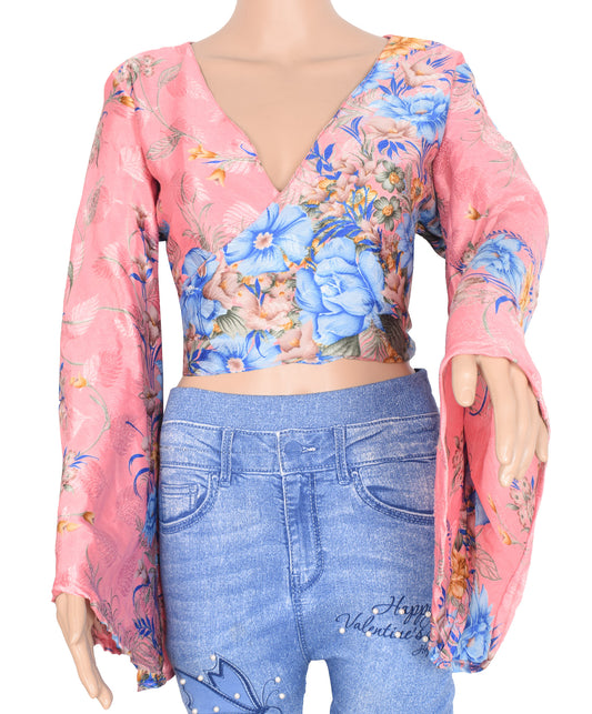 Sushila Vintage 70s Retro Bohemian Bell Sleeve Top Pink & Blue Recycled Silk Saree New