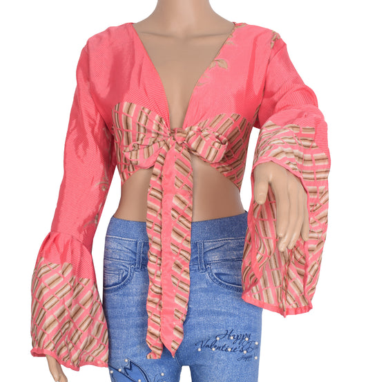 Sushila Vintage Stripes Print Bohemian Bell Sleeve Top Pink Recycled Silk Saree New