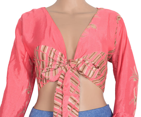 Sushila Vintage Stripes Print Bohemian Bell Sleeve Top Pink Recycled Silk Saree New