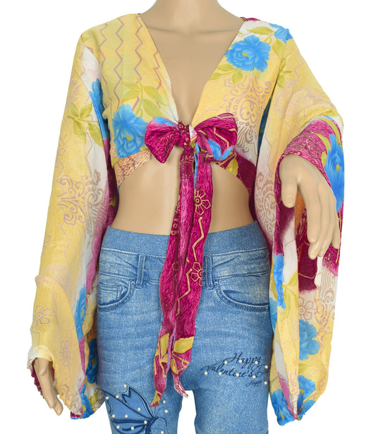 Sushila Vintage 70s Retro Bell Sleeve Top Recycled Silk Saree New Multi-Color Boho