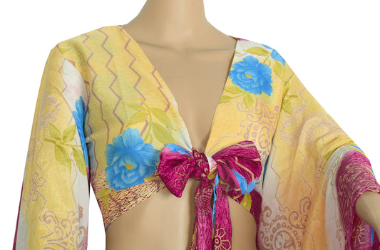 Sushila Vintage 70s Retro Bell Sleeve Top Recycled Silk Saree New Multi-Color Boho