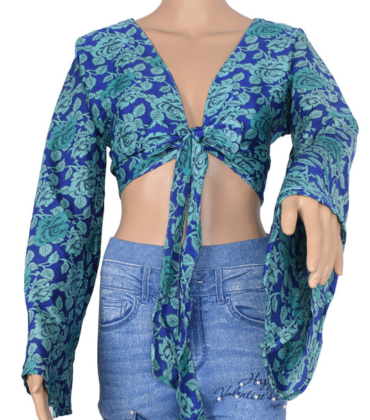 Sushila Vintage Blue 70s Retro Bell Sleeve Top Floral Print Recycled Silk Saree Boho