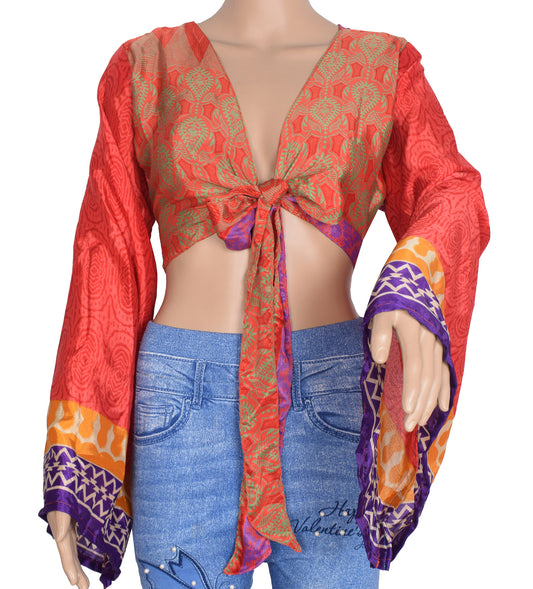 Sushila Vintage 70s Retro Bohemian Bell Sleeve Top Red Recycled Silk Saree New