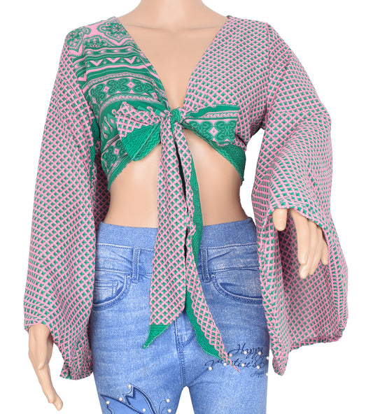 Sushila Vintage Bell Sleeve Top 70s Retro Pink Green Bell Sleeve Top Recycled Silk Saree New