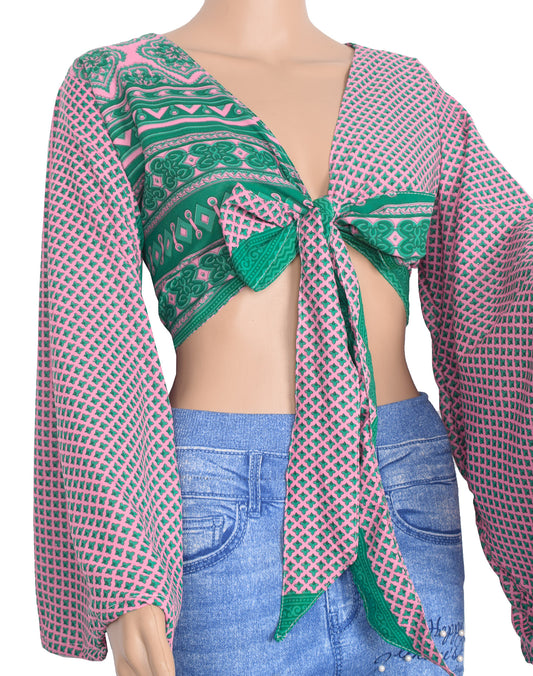 Sushila Vintage Bell Sleeve Top 70s Retro Pink Green Bell Sleeve Top Recycled Silk Saree New