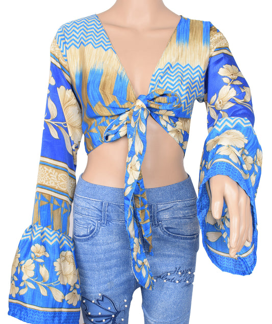 Sushila Vintage Blue 70s Retro Boho Bell Sleeve Top Recycled Silk Saree New