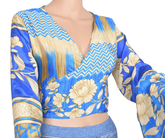 Sushila Vintage Blue 70s Retro Boho Bell Sleeve Top Recycled Silk Saree New