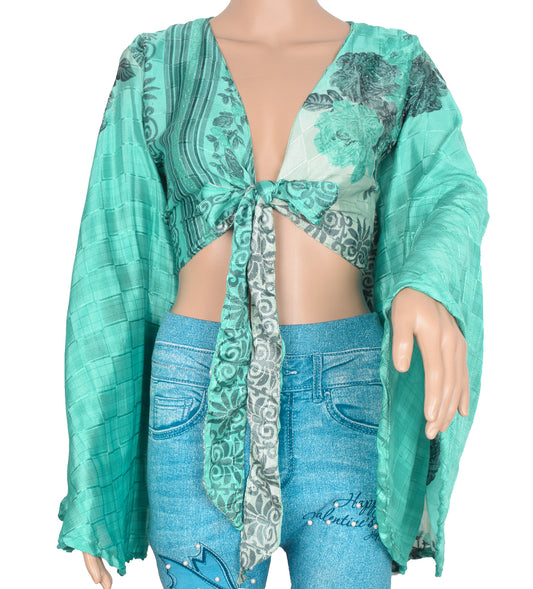 Sushila Vintage 70s Retro Bohemian Bell Sleeve Top Aqua Green Recycled Silk Saree New