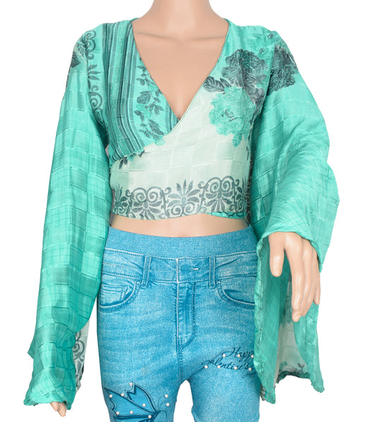 Sushila Vintage 70s Retro Bohemian Bell Sleeve Top Aqua Green Recycled Silk Saree New