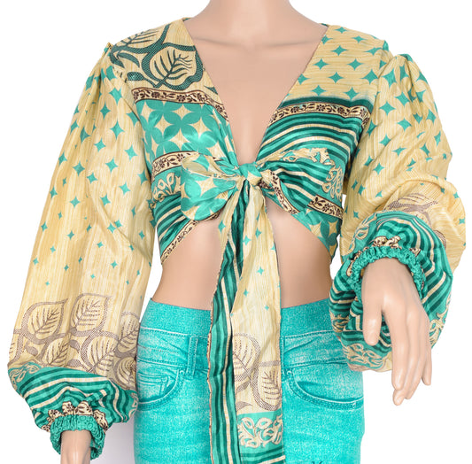 Sushila Vintage 70s Retro Bohemian Balloon Sleeve Top Cream Recycled Silk Saree New