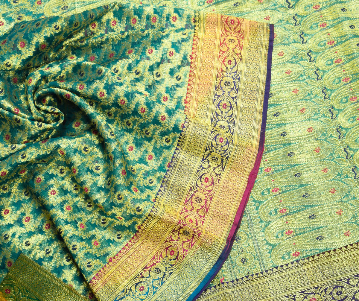 Sushila Vintage Heavy Turquoise Pure Organza Silk Woven Brocade Banarasi Saree