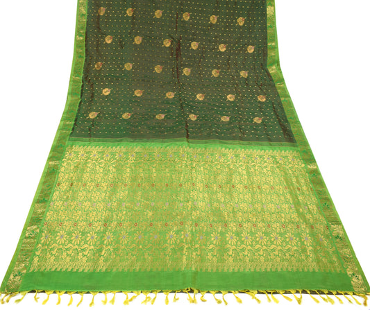 Sushila Vintage Indian Handloom Saree Green Pure Silk Brocade Sari Fabric