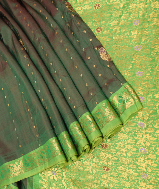 Sushila Vintage Indian Handloom Saree Green Pure Silk Brocade Sari Fabric