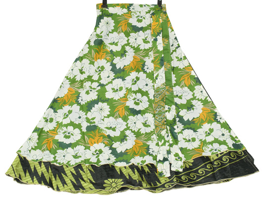 Sushila Vintage Art Silk Saree Magic Wrap Reversible Skirt Floral Green Beach Dress