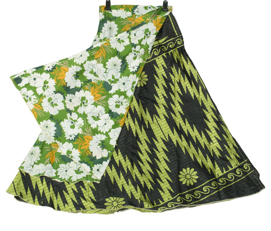 Sushila Vintage Art Silk Saree Magic Wrap Reversible Skirt Floral Green Beach Dress