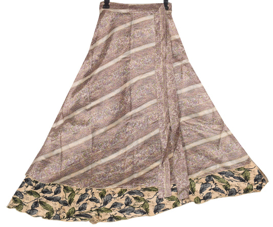 Sushila Vintage Floral Art Silk Saree Magic Wrap Reversible Skirt Beige Beach Dress