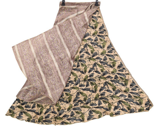 Sushila Vintage Floral Art Silk Saree Magic Wrap Reversible Skirt Beige Beach Dress
