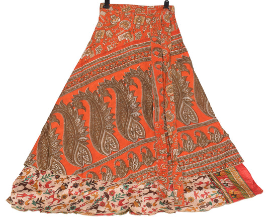 Sushila Vintage Orange Art Silk Saree Magic Wrap Reversible Skirt 2 Layer Beach Dress
