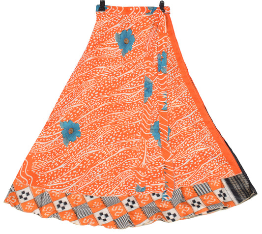 Sushila Vintage Orange Checks Art Silk Saree Magic Wrap Reversible Skirt Beach Dress