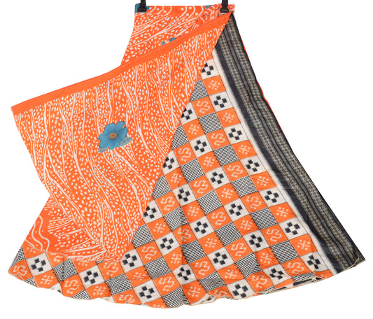 Sushila Vintage Orange Checks Art Silk Saree Magic Wrap Reversible Skirt Beach Dress