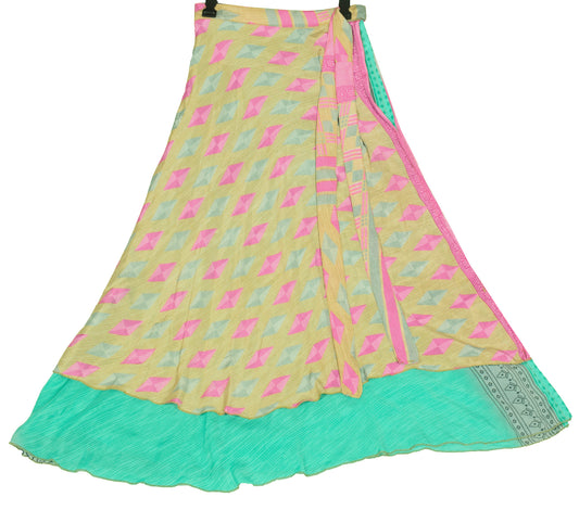 Sushila Vintage Aqua Green Art Silk Saree Magic Wrap Reversible Skirt Beach Dress