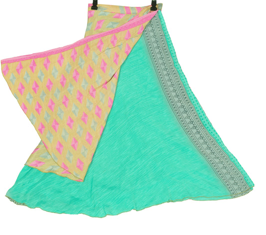 Sushila Vintage Aqua Green Art Silk Saree Magic Wrap Reversible Skirt Beach Dress
